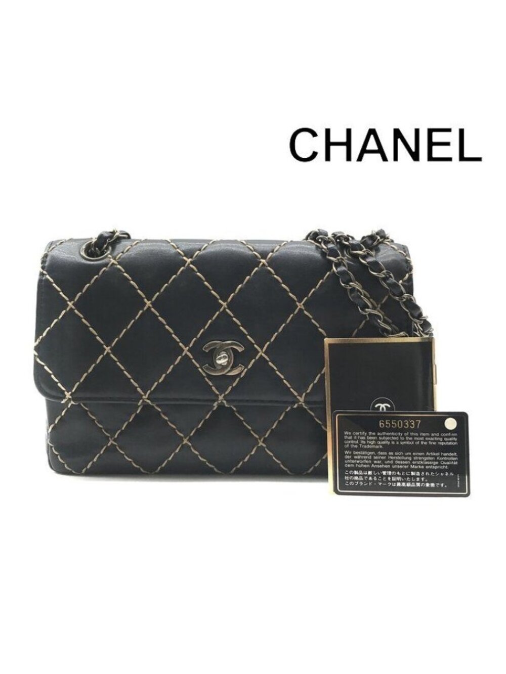 Chanel CC Logo Wild Stitch Chain Shoulder Bag Leather Black